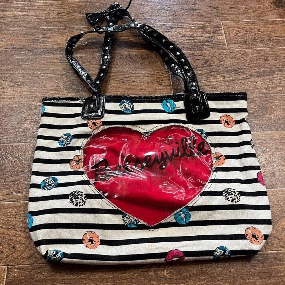Betsey Johnson Vtg Tote Studded Stripped Kiss Lip Betseyville Rock Y2K Pop Retro